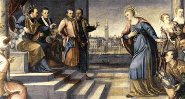 Salomone nella Bibbia è il modello del re sapiente. Anche la Regina di Saba gli fa visita. (Cfr. 1Re 10,1-13). (Tela di Bonifacio De Pitati, XVI secolo, Venezia, Basilica dei Frari).