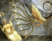 Il drago vuole divorare il bambino. (Ap 12,3-4). (Padova, Battistero del Duomo. Giusto Menabuoi, sec. XIV).