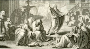 Incisione 1700. Il profeta Giona annuncia ai Niniviti l’imminente distruzione della loro città: radunati nella piazza gli abitanti pregano e piangono cospargendosi il capo con la cenere. Alla predicazione di Giona gli abitanti di Ninive si convertirono. (Cfr Giona 3,10).