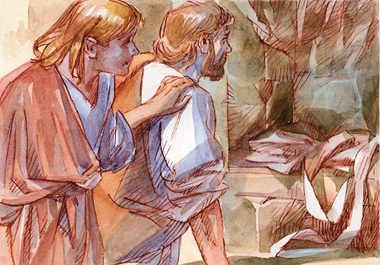 Alla notizia di Maria di Màgdala, Pietro uscì assieme all’altro discepolo e si recarono al sepolcro.