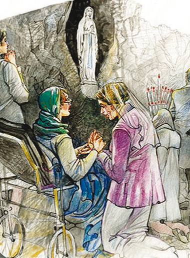 “Pellegrini alla grotta di Lourdes”. Illustrazione di Alfredo Brasioli.