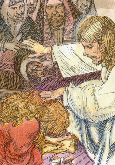 Una donna inginocchiata ai piedi di Gesù