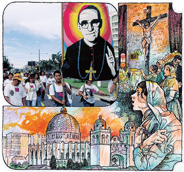Illustrazione di A: Brasioli 2016 - Corteo di salvadoregni con il ritratto di mons. Oscar Romero. Foto Bertotti, archivio Periodici S. Paolo Milano