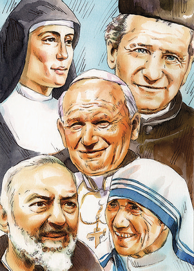 Santa Maria Domenica Mazzarello, S. Giovanni Bosco, S. Giovanni Paolo II, S. Pio da Pietrelcina, S. Teresa di Calcutta.