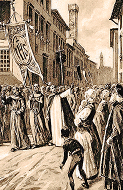 Bernardino da Siena. Illustrazione di Vittorio Polli, “La Storia di S. Bernardino da Siena”, P. Vittorio Facchinetti dei Frati Minori, Casa Ed. S. Lega Eucaristica, Milano, 1928.