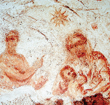 Catacombe di Priscilla, inizio del III secolo. Dipinto raffigurante Maria con il Bambino sulle ginocchia e un profeta accanto.