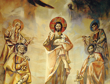 Affresco absidale di Gesù Buon Pastore, Licini-Mariani 1950, Parrocchia Gesù Buon Pastore alla Montagnola in Roma. «Le mie pecore ascoltano la mia voce e io le conosco». La voce di Gesù è l’unica. “Egli ci guida sulla via della vita”. (Tweet di Papa Francesco, 21 aprile 2013).