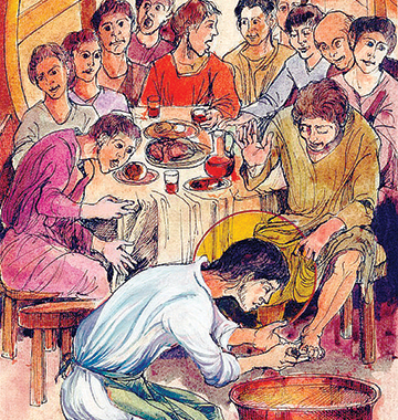 «La lavanda dei piedi», illustrazione di don Luigi Salvetti (1990), pittore bresciano. Archivio “La Domenica”.