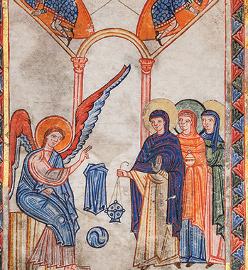 «Le donne al sepolcro», miniatura dell’Evangeliario di Matilde di Canossa (XI sec.) esposto presso il Museo Benedettino e Diocesano di Nonantola (MO).